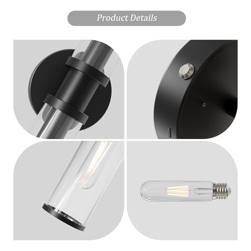 Image of Rayogale Black Wireless Battery Operated Wall Sconces with Remote Control | Glass Rechargeable Wall Lights Set of 2 with Timer Function Dimmable for Living Room Bedroom Emergency 3000K, 20.5 Inch