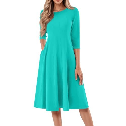 Dress for Women Casual Spring 3/4 Sleeve Ruched Dresses Midi Crew Neck A Line Solid Color with Pockets