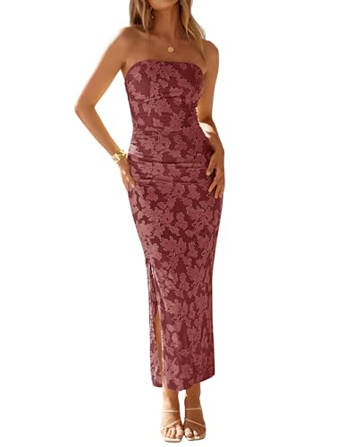 ZESICA Womens 2026 Summer Floral Strapless Maxi Sun Dress Bodycon Beach Vacation Wedding Guest Formal Cocktail Party Dresses Wine Red S
