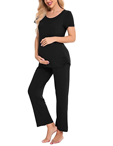 Lecgee Women's Maternity Nursing Pajamas Sets Breastfeeding Printed Sleepwear Short Sleeve 2 Pcs Top And Pants Set Black #TOP1