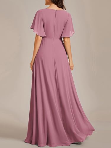 Image of Ever-Pretty Women's Spring Short Sleeve Bridesmaid Dresses V-Neck Chiffon Ruched Empire Waist Appliques Long Formal Dress