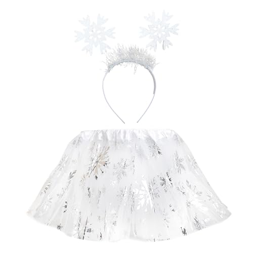 Diadema navidad con falda Tutú para adolescentes de tul con brillo, Disfraz navideño pack árbol navideño reno, para Navidad, escolar, fiestas y fotos (Diadema de nieve con tutu, Teens/30CM)