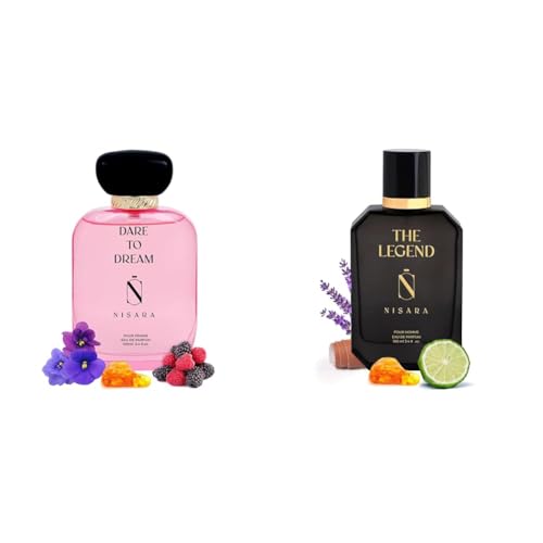 Image of Nisara Dare To Dream & The Legend Perfume for Men and Women (Pack of 2*!00 ml) | Fruity Floral Woody Aromatic Amber Fragrance | with Musk, Vanilla & Vetiver Notes | Long Lasting EDP Scent.