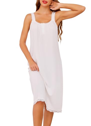 Image of Vlazom Cotton Nighties for Women Sleeveless Nightgown Elegant Lace Trim Ladies Nightdress Sleep Shirt Loungewear with Buttons White,L