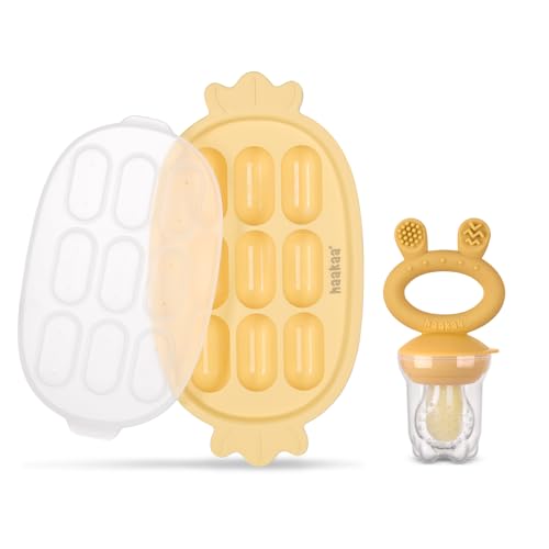 Image of Haakaa Baby Fruit Food Feeder & Silicone Nibble Tray Combo - Breastmilk Popsicle Mold for Baby Cooling Relief, BPA Free Baby Mesh Feeder for Infant Self Feeding