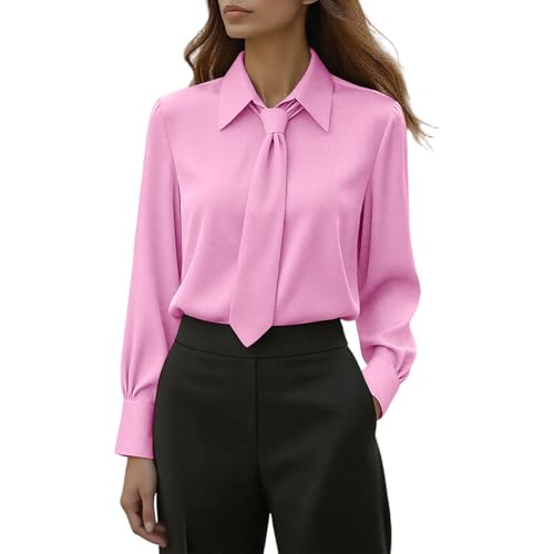 Lovraj Blusa elegante de manga larga para mujer, blusa con corbata, solapa, bloque de color, blusa para mujer, blusa elegante para negocios, Rosa., S
