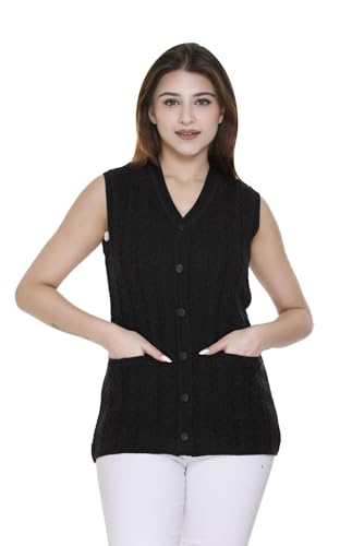 Image of aarbee Self Design Sleeveless V Neck Woollen Cardigan for Women with Front Pockets