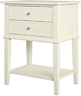DHP Furniture Franklin Beistelltisch aus MDF Weiß, 55 x 39 x 71 cm, Nachttisch mit 2 Schubladen und Ablagefach, mit Echtholzbeinen für Wohnzimmer, Schlafzimmer und Home Office