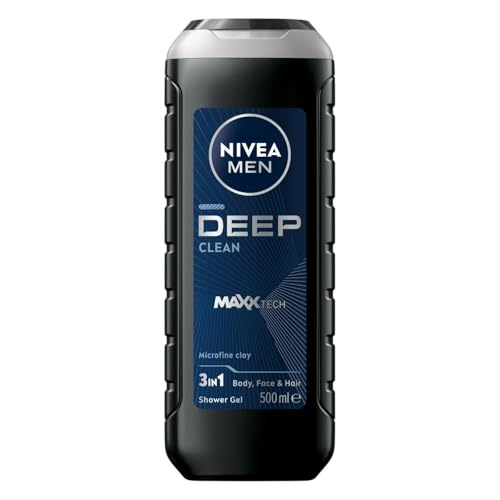 NIVEA MEN Deep Clean Shower Gel and Body Wash 500ml | For Body, Face & Hair | Microfine Clay Deeply Cleanses | Long-Lasting Fresh Feeling | Non-Drying Formula Cares for Skin