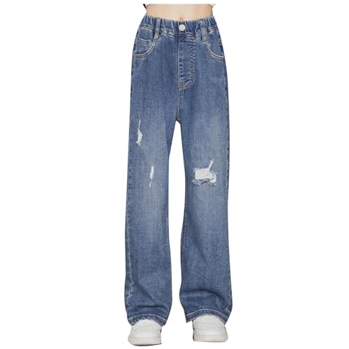 Girls Ripped Straight Jeans Elastic High Waist Baggy Wide Leg Denim Pants Kids Y2k Streetwear Vintage Trousers Swear Pants