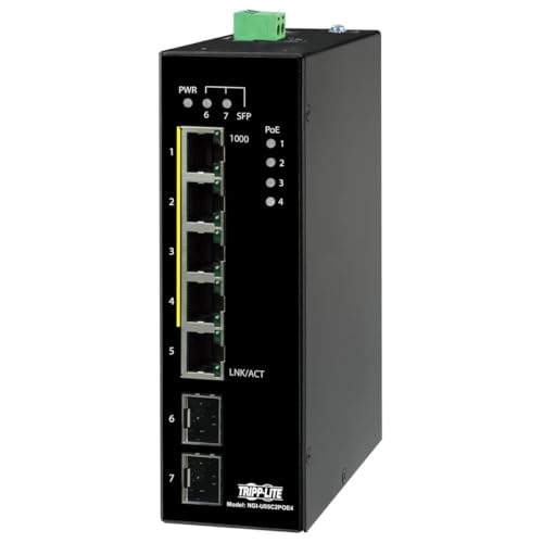 Image of Tripp Lite Industrial 5 Port PoE+ Ethernet Network Switch 10 /100 /1000 Mbps 14 to 140F Temperature Range Unmanaged 30W 2 SFP TAA Compliant DIN Mount (NGI-U05C2POE4)