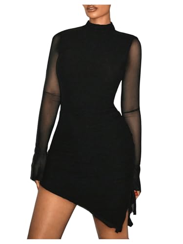 SHENHE Women's Mock Neck Ruched Drawstring Slit Long Sleeve Mesh Sexy Bodycon Mini Dress