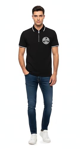 Versace Jeans Couture Black Mens Zip Polo Shirt with Crest Emblem