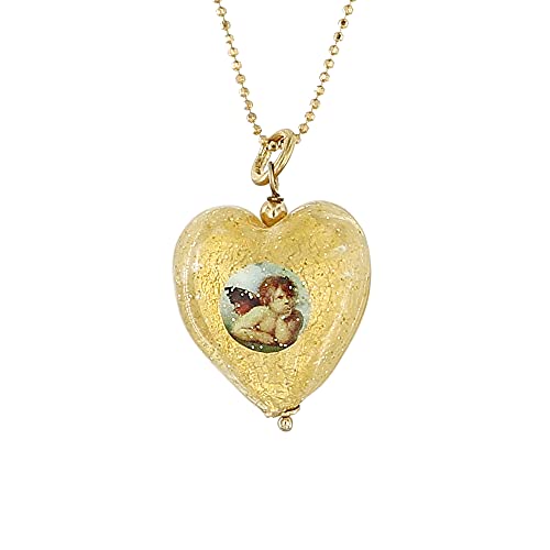 Venetiaurum - Pendente a Cuore con immagine di Angelo in Vetro Originale di Murano e Catenina in Argento 925- Gioiello made in Italy certificato