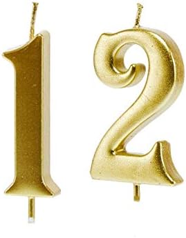 MMJJ Gold 12th Birthday Candles, Number 12 Cake Topper for Birthday Decorations