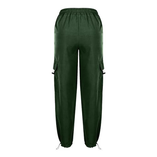 Women's Elastic Waist Cargo Pants Parachute Drawstring Overalls Wide Leg Trendy Y2K Pants Teen Girls Hiking Trousers Green