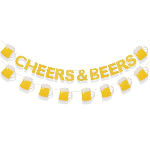 Chanaco Cheers and Beers Banner Olympics Decorations Beer Themed Party Accessories for Birthday Bachelor Olympics Oktoberfest Retirement Gold Yellow Glitter Mug Pennant Shape Supplies