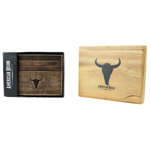 American Bison Men’s Leather Credit Card Holder – Embossed Bison Skull Slim Wallet with ID Window, 3 Card Slots, Slide Pocket – Wooden Gift Box (Brown)2