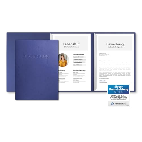 10 Stück 3-teilige Bewerbungsmappen Blau mit 2 Klemmschienen in feinster Lederstruktur - hochwertige Prägung ''BEWERBUNG'' - direkt vom Hersteller STRATAG