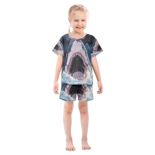 ALAZA Shark Mouth Cartoon Pajamas Set Short Sleeve Cotton Sleepwear Summer Pjs 2 Piece 5-14Y3