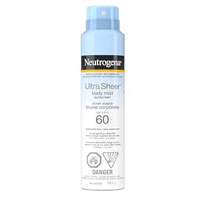 Neutrogena Ultra Sheer Body Mist Sunscreen SPF 60 – Lightweight Spray with Broad Spectrum UVA/UVB Protection – Non-Greasy, Water Resistant Formula, 141g