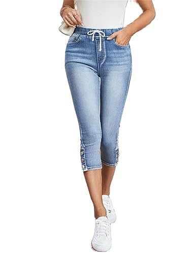 Women's Calf-Length Jeans Fashion Skinny High Stretch Elastic Waist Denim Pencil Pants Casual Slim Jeans Light Blue M2