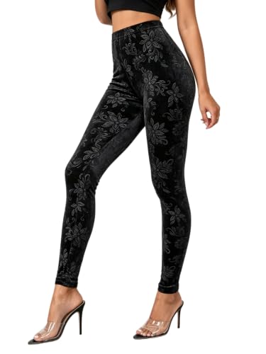 JIA QING YAN Women Velvet High-Waisted Stretchy Leggings with Floral Pattern - Workout Trousers for...