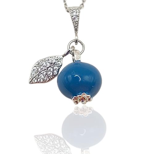 Abgaryan ART Handmade Enamel Blueberry Pendant Necklace with Crystal Leaf in Gold and Silver tones (Silver Tone)