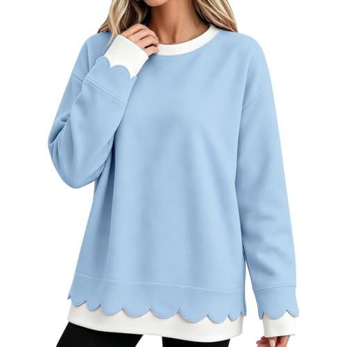 Scalloped Sweatshirts for Women Fall Oversized Pullover Tops Blue XL - image 6