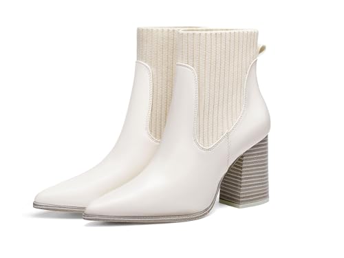 Image of Coutgo Women Ankle Boots Sock Booties Pointed Toe Chunky Stacked High Heel Knit Chelsea Winter Dress Booties