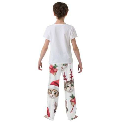 Xmas Cat Candy Cane Boys Long Pants Soft Trousers Elastic Waist Kids Lounge Bottoms with Pockets S-XL3