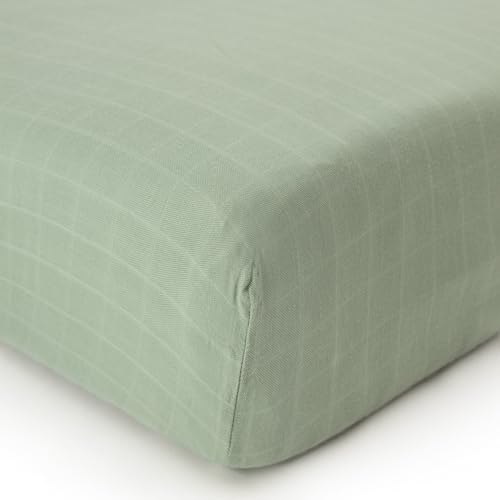 Image of Organic Muslin Fitted Crib Sheet - Organic Crib Sheet for Standard Crib and Toddler Mattresses, Soft and Breathable, Solid Sage Green, Boho Baby, 28 inchx52 inch