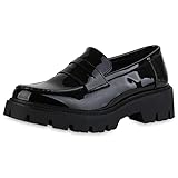  VAN HILL Damen Halbschuhe Plateauschuhe Lack Schuhe Blockabsatz Slippers Profilsohle Plateau Vorne Freizeit Schlupfschuhe 212252 Schwarz Lack 39