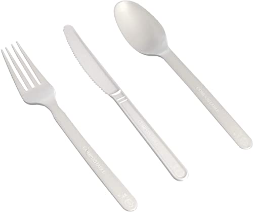 Wiederverwendbares, kompostierbares, biologisch abbaubares Besteck für Party [100 Gabeln, 100 Löffel, 100 Messer] Verwendung mit Palmblatt-Teller, Suppenbehälter, Teller und Schüsseln Cover