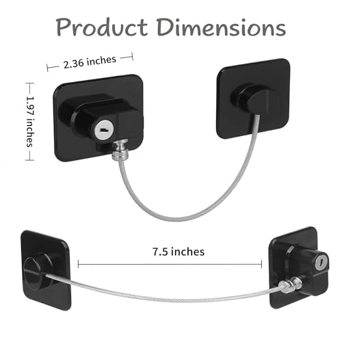 Image of Child Safety Device Refrigerator Door Lock with Key and Adhesives, Cabinet Restrictor Cable for Baby and Toddler, Lock for Cupboards, Drawers, Fridge, Wardrobe, Black, Pack of 1