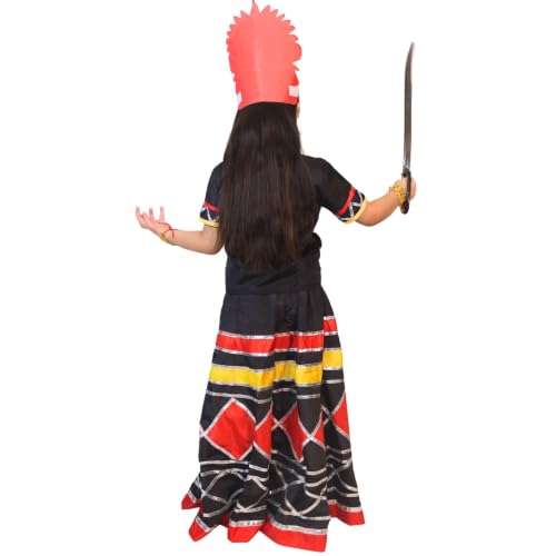 Image of Kaku Fancy Dresses Kali Mata Fancy Dress Costume for Girls | Maa Kali Devi Traditional Costume Set with Double Mukut, Mund Mala, Talwar, Earrings & Bajuband | Navratri, Durga Puja, Function- 7 To 8 Y