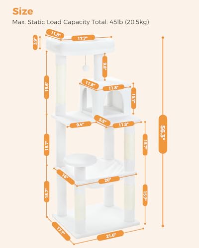 Image of MUTTROS Cat Tree for Large Cats with Metal Plush Big Hammock, 56.3 inch Cat Tower for Indoor Cats with 2 Door Condo House, 6-Tier Cat Shelves with Scratching Posts and Large Top Perch, Cream White