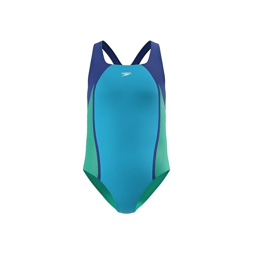 Speedo Girls Mesh Splice Thick Strap One Piece Swimsuit, Cyan, 10 US