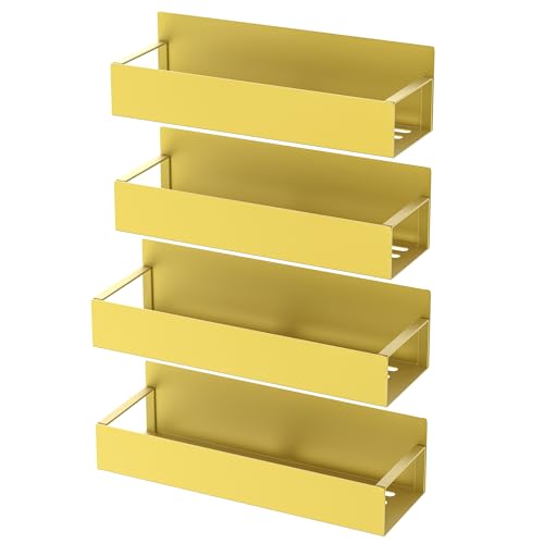 Image of HuggieGems Metal Magnetic Spice Rack for Refrigerator Gold, 4 Pack | Magnetic Shelves Heavy Duty for Fridge in Kitchen, Seasoning Storage Organizer, For Oven Washer and Dryer, For Heavier Items