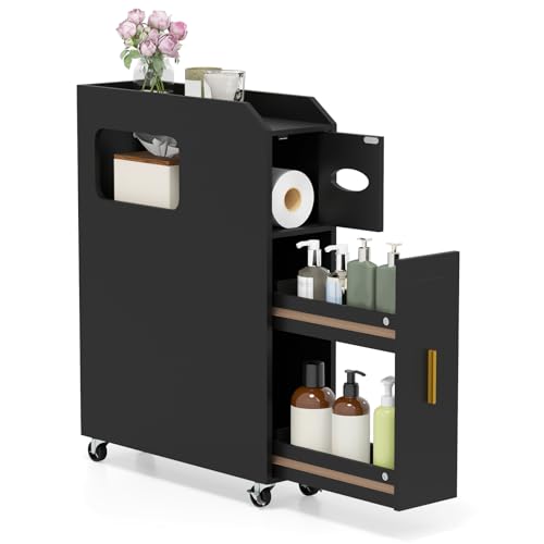 LIFEZEAL Meuble de Salle de Bain, Petit Armoire de Toilette Rangement Étroit Roulant avec Porte-Papier, Porte-Brosse et Tiroir, Meuble de Rangement Gain de...