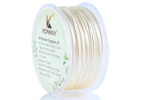 KONMAY Nylon Satin Silk Trim Cord, 50 Yards 0.8mm Rattail Beading String for Chinese Knotting, Kumihimo, Beading, Macramé, Jewelry Making, Cream