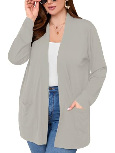 Image of AusLook Plus Size Lightweight Cardigans for Women Open Front Pockets Jacket | 1X-5X,Soft Stretch,Long Sleeve,Longline Coverage,Dress Jeans Layer,Work Travel Style,Spring Fall Wear