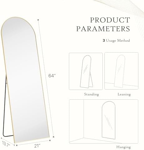Sweetcrispy 64"x21" Gold Arched Full Length Mirror, Standing Leaning or Mounted Hanging Wall Mirror for Bedroom, Livingroom, Cloakroom, Aluminum Frame Body Mirror, Modern