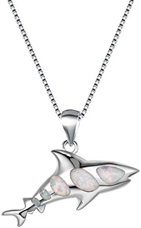 Bamos Shark Necklace, 14K White Gold Plated Shark Pendant Fish Necklace Mounted with Created Opal for Women Girls Boys Men, Blue Opal/White Opal 16.5-18.0 inches