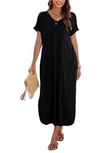 Image of Dokotoo Womens Long Shirts Dress Summer Dresses Swimsuit Coverups for Women Short Sleeve Beach Dress Sundress Plus Size Black Maxi Dresses S