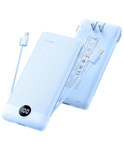 Image of Portable Charger Built-in Cables and Wall Plug, 10000mAh Slim USB C Power Bank, LED Display External Battery Pack Compatible with iPhone /Android & More (Blue)