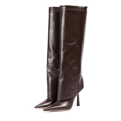 Image of Goolita Fold Over Boots For Women, Pointed Toe Stiletto Heel Knee High Boots Fashion Comfortable Slip On Tall Boots