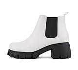Soda PIONEER ~ Women Lug Sole Mid Heel Chelsea Fashion Ankle Bootie w/Double Elastic Gore (White/Black, numeric_7_point_5)