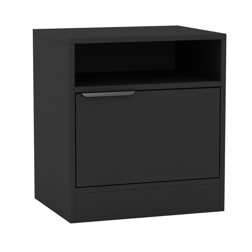 URBNLIVING 1-Door Bedside Black Table Nightstand Shelf File Cabinet Storage for Bedroom Wooden Furniture Modern Sofa Side End Compact Unit for Living Room H49.5cm x W45cm x D35cm