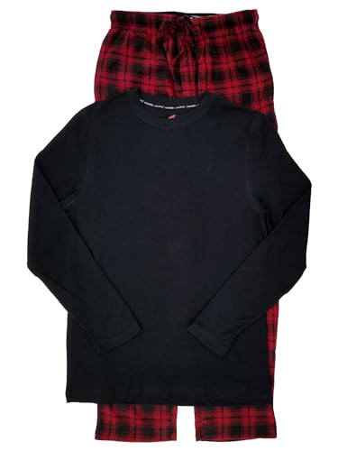 Hanes Mens Black Red Plaid X-Temp Thermal Top Fleece Pant Sleepwear Pajama Set M